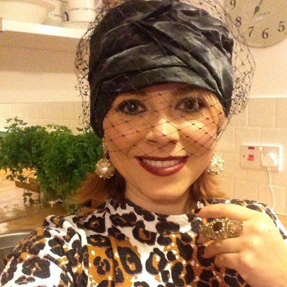 Natalie wearing her Glam Satin Turban - Anna Chocola® 2014